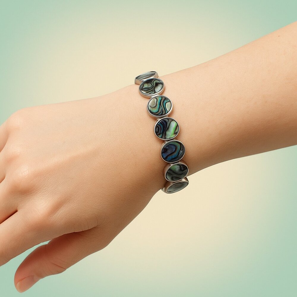 Mermaidcore Abalone Shell Oval Link Bracelet Silv… - image 1